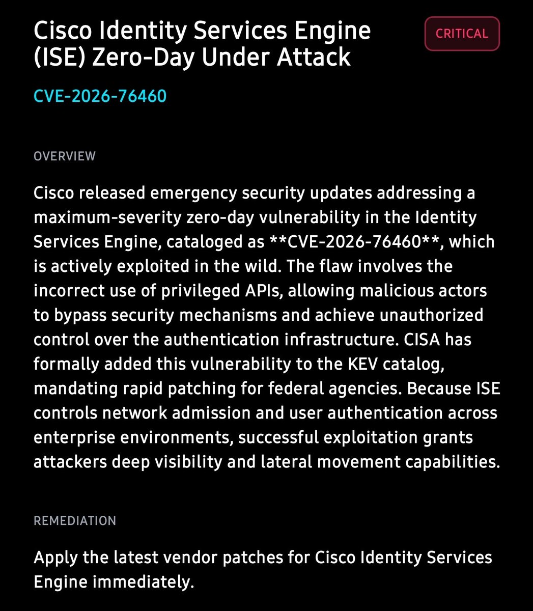 aspidaHQ's tweet photo. CVE-2026-76460: Cisco ISE zero-day under active exploitation via privileged API misuse, bypassing security controls for full auth infrastructure takeover. CISA mandated rapid federal patching. ISE controls network admission org-wide, patch immediately. #NetworkSecurity #Cisco https://t.co/1Mg4n0UtG9