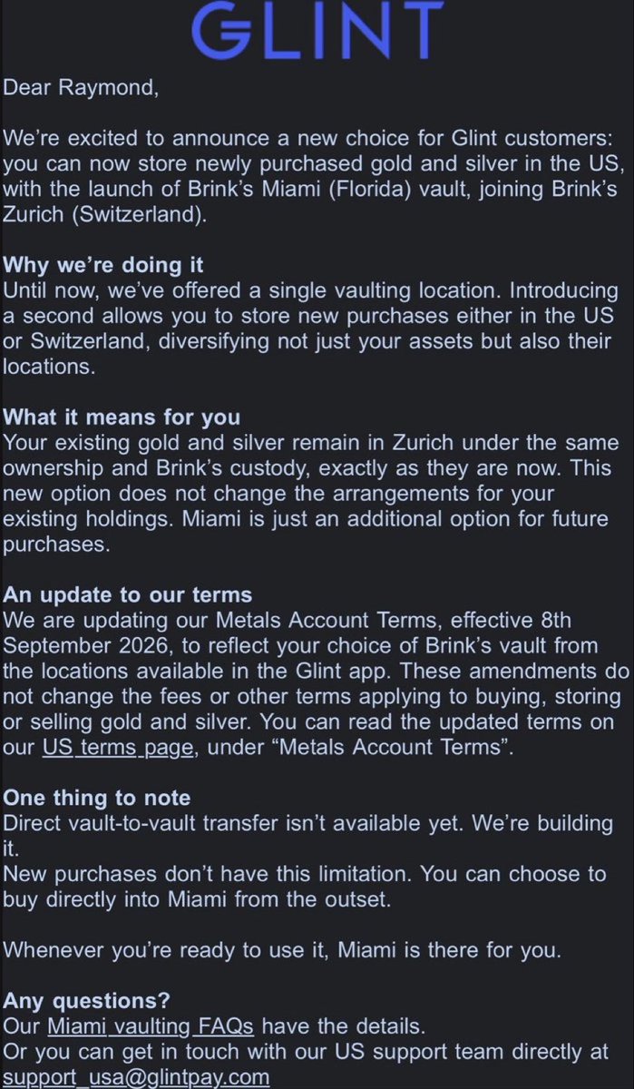 RayFuenteIO's tweet photo. Interesting update from @GlintPay for US customers. 

Brinks Miami (Florida) vault activated. ✅

Vault to vault transfers for precious metals (gold and silver) incoming. 👀

#LoveYouMucho https://t.co/PFYyKPk4RF