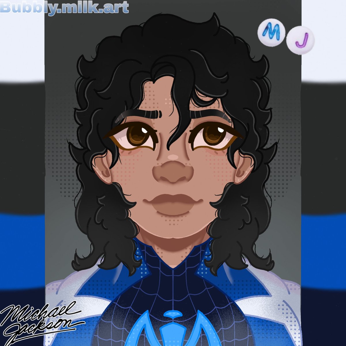 Bubblymilkies's tweet photo. It's Spider-Man!💙🕸️

"With great power comes great responsibility"

•So I tried my best to replicate the spider-verse style but also keep in the elements of my style as well for Michael!•
#mj #michaeljackson #spiderverse
#fanart https://t.co/dRLoTsUFGe