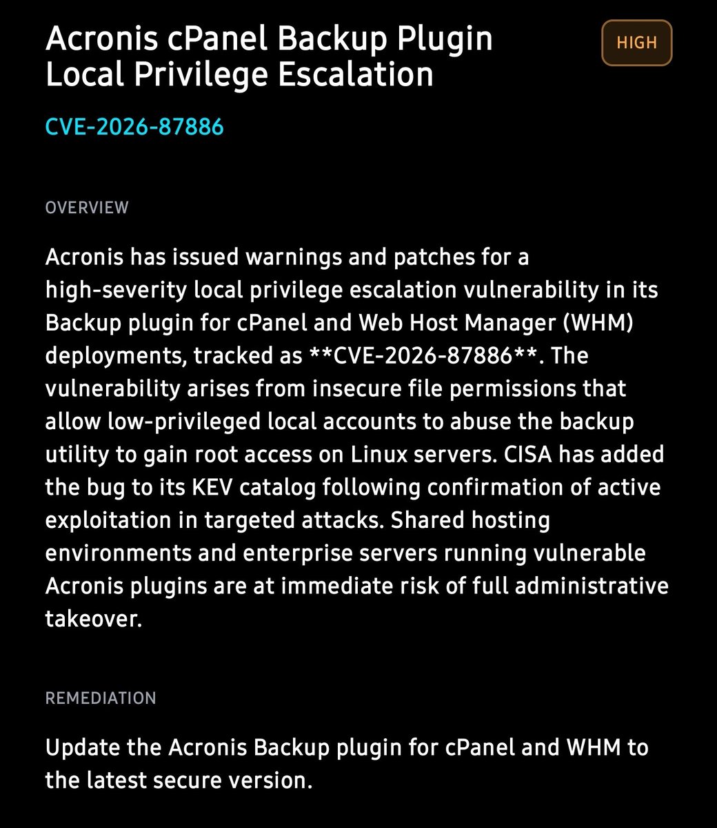 aspidaHQ's tweet photo. CVE-2026-87886: local privilege escalation in the Acronis Backup plugin for cPanel/WHM lets low-priv accounts abuse insecure file permissions to get root on Linux servers. CISA confirmed active targeted exploitation. Shared hosting environments, patch now. #InfraSecurity #LPE https://t.co/QI5FuNXpnD