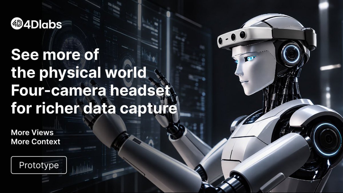 4Dlabs_Official's tweet photo. 👀 Two cameras capture the perspective.

🌐 Four cameras capture more of the world.

Our four-camera headset expands visual coverage around real-world tasks — bringing more viewpoints and spatial context into embodied data collection. 🧠

👁️ More views.
🧩 More context.
🦾 Better data for Physical AI.

🧪 Currently in prototype development.

Built by 4D Labs.
Backed by @yzilabs. ⚡
#4DLabs #PhysicalAI #EmbodiedAI #Robotics