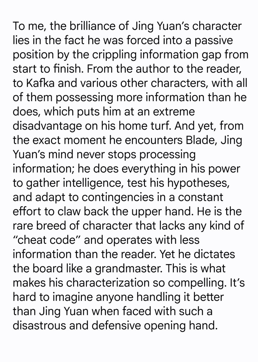 Pekoelotte's tweet photo. I did an English translation of Fulan's (Jing Yuan's writer) post about Jing Yuan and the essence of stratagem

------

"To me, the brilliance of Jing Yuan’s character lies in the fact he was forced into a passive position by the crippling information gap from start to finish." https://t.co/qpoIV62p11