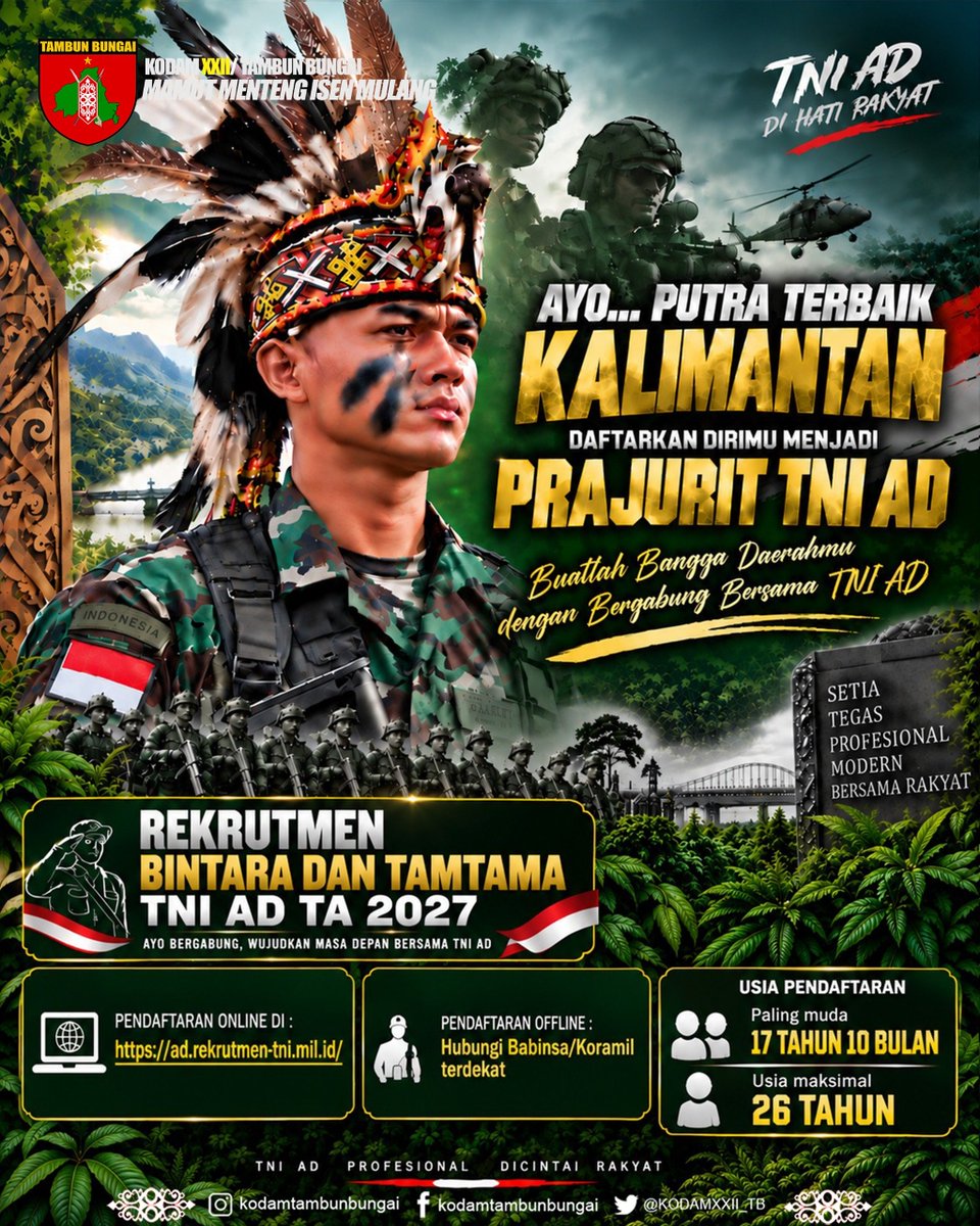 KODAMXXII_TB's tweet photo. AYO, PUTRA-PUTRI TERBAIK KALIMANTAN!
Saatnya mengabdikan diri kepada bangsa dan negara dengan bergabung menjadi Prajurit TNI Angkatan Darat.
Rekrutmen Bintara dan Tamtama TNI AD TA 2027 telah dibuka. https://t.co/jewVY1ACps