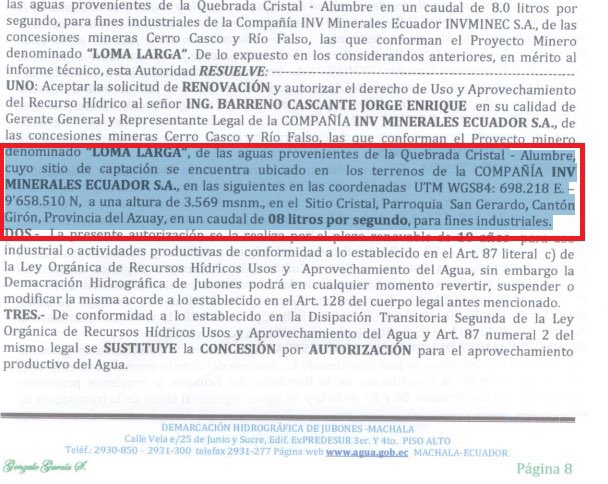 acastropiedra's tweet photo. 📌En el mismo periodo en que Jorge Glas, acompañado por el exgobernador del correismo Juan Cristobal Lloret, inauguraban la minería en Río Blanco en pleno macizo del Cajas, bajo su total conocimiento se estaba entregando el agua de Quimsacocha a la empresa minera. Y ojo, no lo digo yo.

Este documento emitido por SENAGUA en octubre del 2016, cuando J. Lloret era Gobernador y poco después de que haya sido parte de la propia SENAGUA, muestra claramente como se le dio permiso a la minera de Quimsacocha para que ocupe el agua del páramo a cambio de miserables 134 dólares al año!!!

Y no solo eso, el documento dice que no se permite el paso de los comuneros a la zona concesionada.

Tan oscuro fue el tema que el documento no se firmó en Cuenca sino en Machala, porque el entonces prefecto J Lloret defendía a capa y espada que el agua de Quimsacocha no llega a Cuenca sino que se va al Jubones, es decir, por poco y afirmaba que el Yanuncay estaba en Machala.

Lo tenían escondido hasta el día de hoy, pero lo que no es oculto para nadie es que la minería en Quimsacocha fue promocionada una y otra vez por Rafael Correa y su equipo de trabajo, entre ellos Glas y por supuesto que estaba el exprefecto del Azuay, registros de aquello pues muchísimos. 

Usar supuestos medios de comunicación para decir que es falso que J Lloret estuvo en el gobierno cuando se le entregó el agua de Quimsacocha a las mineras por un par de centavos es una bajeza.

La verdad siempre sale a la luz.