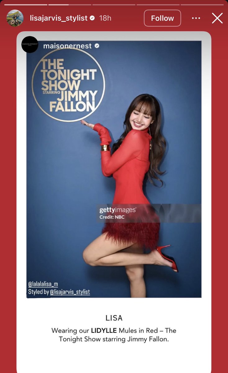 LaliceUpdates's tweet photo. lalalalisa_m
Styled by lisajarvis_stylist (renowned editorial stylist and a true creative powerhouse within the fashion industry) 

#LISA Wearing LIDYLLE Mules in Red - @FallonTonight starring Jimmy Fallon.

@wearelloud 
#LISAonFallon https://t.co/kygqMRi9rE