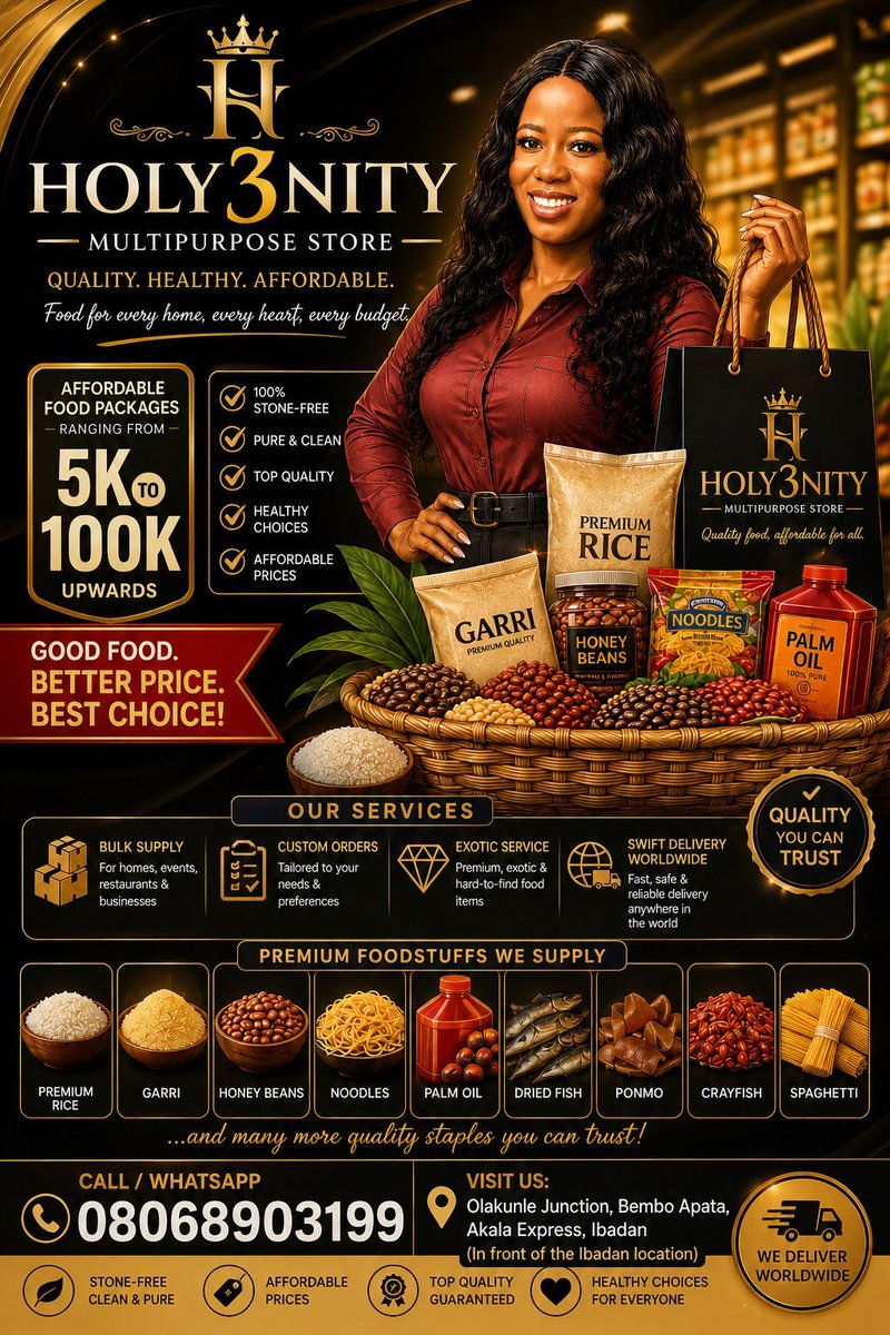 EbenezerOmolar5's tweet photo. Welcome to HOLY3NITY, Your trusted plug for smarter, easier and more affordable and quality foodstuffs shopping💚

Whether you want to save towards food, stock your home, buy a Ready-to-Cook and cook without the stress of market runs, we have everything for you💯

🛒 FOOD BANKING
Save gradually and build your foodstuff package at your own pace.Start with as little as N500 and watch your contribution turn into a meaningful food package for your home.

🍲 READY-TO-COOK KITS
Want to cook delicious meals without spending hours shopping and prepping for every ingredient?

💰 FOOD THRIFT
You don't have to have all the money at once. Join our thrift plans, contribute consistently and receive your foodstuff package when your plan matures.

📦 CURATED FOOD PACKAGES
Need to stock your kitchen? We've got you, from essential everyday foodstuff to bigger family packages, we curate packages to suit different budgets.

🎁 FOODSTUFF SOUVENIRS
Useful, affordable souvenirs for your party/event and your guests will actually appreciate. Souvenirs from 500g upwards 

And yes, you can buy for yourself, your family, less privileged, your mutuals or send a food package to someone you love. ❤️

SAVE. SHOP. STOCK. COOK. ENJOY.
Everything you need to get cooking.
WE DELIVER, YOU COOK. 👩🏽‍🍳❤️

📍 Ibadan | Delivery worldwide
📲 Send us a DM Now
📞 08068903199

HOLY3NITY...Quality. Convenience. Value💯💚