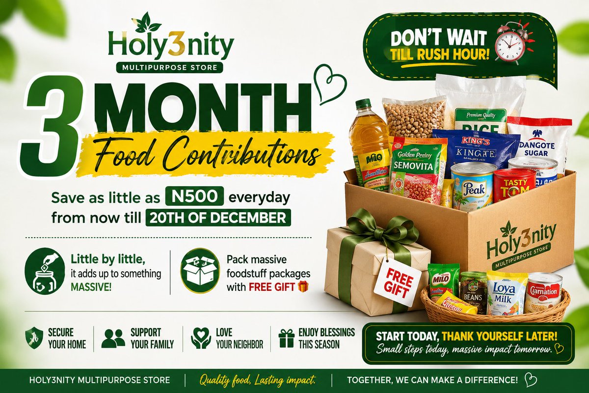 EbenezerOmolar5's tweet photo. Welcome to HOLY3NITY, Your trusted plug for smarter, easier and more affordable and quality foodstuffs shopping💚

Whether you want to save towards food, stock your home, buy a Ready-to-Cook and cook without the stress of market runs, we have everything for you💯

🛒 FOOD BANKING
Save gradually and build your foodstuff package at your own pace.Start with as little as N500 and watch your contribution turn into a meaningful food package for your home.

🍲 READY-TO-COOK KITS
Want to cook delicious meals without spending hours shopping and prepping for every ingredient?

💰 FOOD THRIFT
You don't have to have all the money at once. Join our thrift plans, contribute consistently and receive your foodstuff package when your plan matures.

📦 CURATED FOOD PACKAGES
Need to stock your kitchen? We've got you, from essential everyday foodstuff to bigger family packages, we curate packages to suit different budgets.

🎁 FOODSTUFF SOUVENIRS
Useful, affordable souvenirs for your party/event and your guests will actually appreciate. Souvenirs from 500g upwards 

And yes, you can buy for yourself, your family, less privileged, your mutuals or send a food package to someone you love. ❤️

SAVE. SHOP. STOCK. COOK. ENJOY.
Everything you need to get cooking.
WE DELIVER, YOU COOK. 👩🏽‍🍳❤️

📍 Ibadan | Delivery worldwide
📲 Send us a DM Now
📞 08068903199

HOLY3NITY...Quality. Convenience. Value💯💚