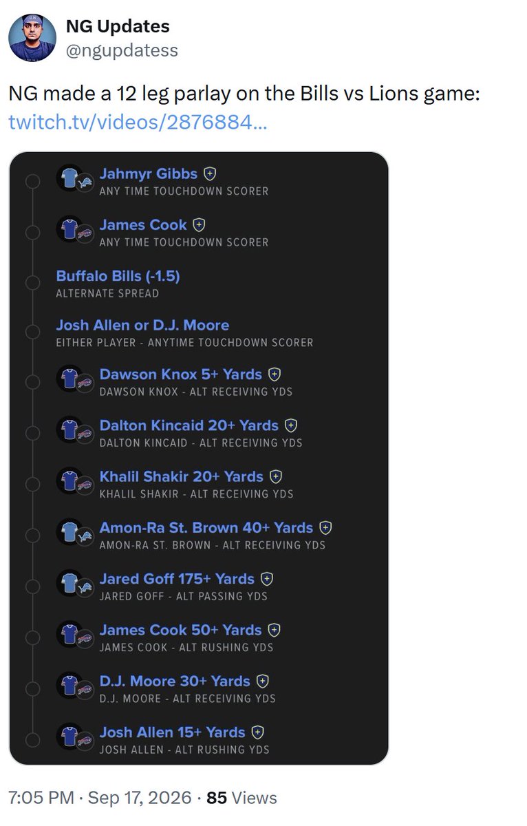 ngupdatess's tweet photo. NG goes 12 for 12 on his Bills vs Lions parlay despite the DJ Moore injury🤯✅🏈🔥 https://t.co/Ibt3Je3YMp