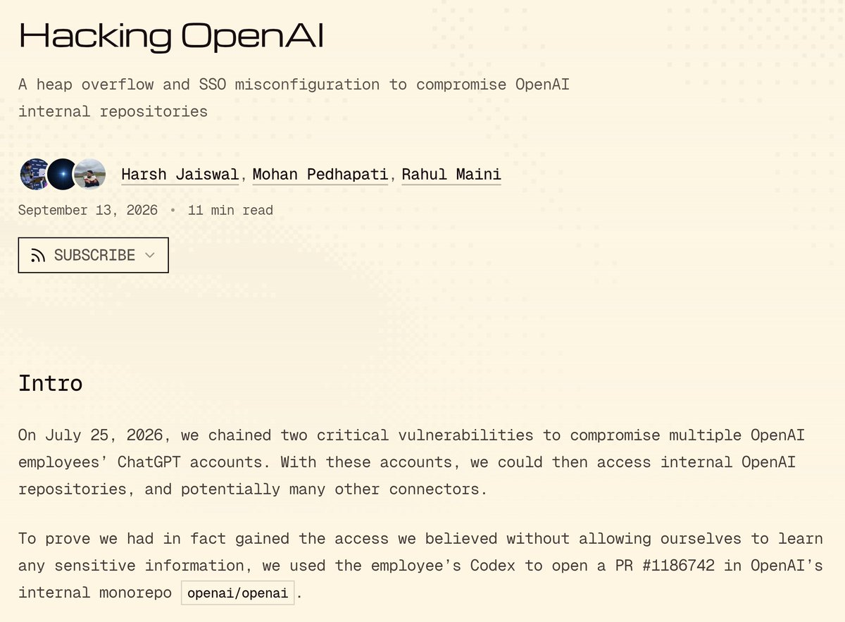 zeyu1337's tweet photo. We found some stuff. Actually, quite a lot of stuff. 

Back in July, our team @rootxharsh, @S1r1u5_, and @iamnoooob  managed to compromise multiple OpenAI employees’ ChatGPT accounts. 

In theory, any ChatGPT connector can be affected. This includes Slack, github, email, and other services. 🧵