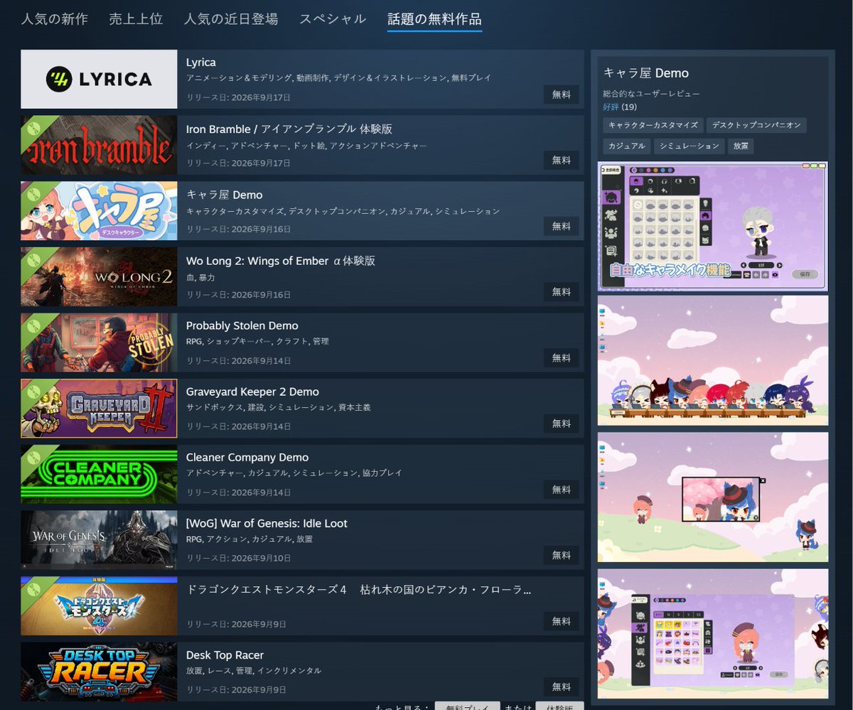 CharacterHouse1's tweet photo. 私たちのDEMOがSteamの「話題の無料作品」にランクインしました！
皆さんの応援のおかげです、本当にありがとうございます！
キャラ屋
PLAY free↓↓
https://t.co/5BUPCBS6hO
#インディーゲーム #OC #originalcharacter #ゲーム開発 #ゲーム制作 #スーパーゲ制デー https://t.co/fErFW8zsND