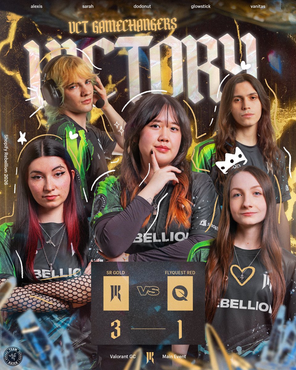SRVAL's tweet photo. SRG shines golden once more ✨ 
We are your Game Changers Stage 2 Champions! 🏆 

@alexisfps | @sarah_frags | @karnthc | @ihavenoaura | @glowstickVAL | @NoiaFPS | @ItsMonSiii
#SRWIN https://t.co/FkQ7o5acVF