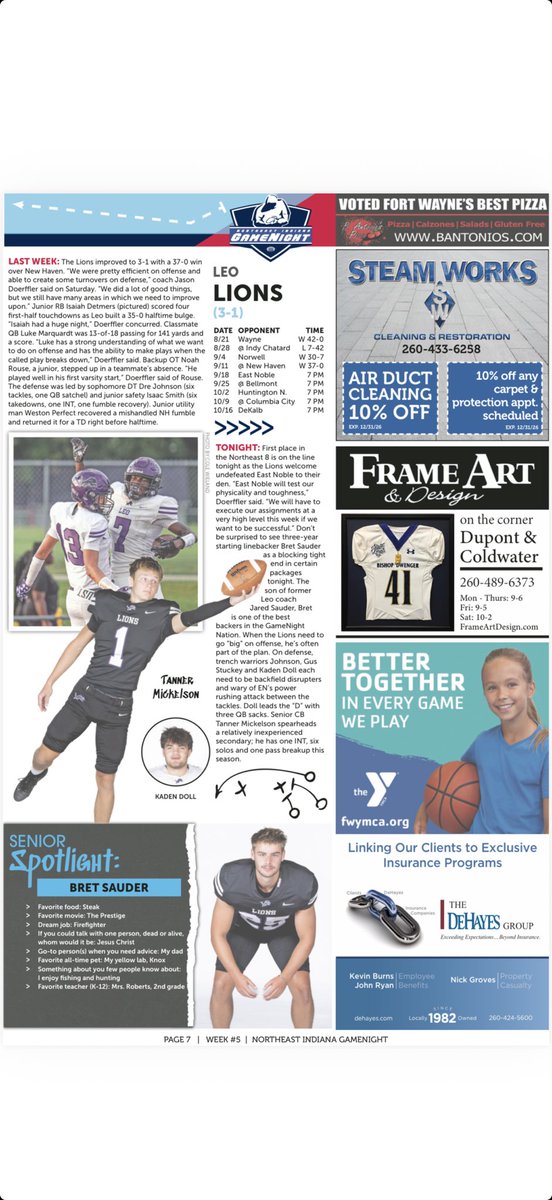 SidelineSwami1's tweet photo. @LeoLionFootball has not received the GameNight love that it deserves. There could be some B. Antonio’s pizza in their immediate future if they upset EN tomorrow night. Here’s the Lions’ page, though there will be fresh copies of GameNight at the gate. Gobble it up! @DetmersI @BretSauder30197