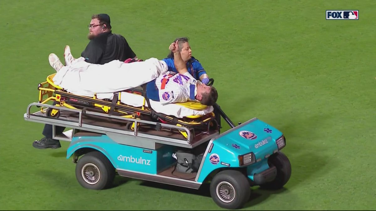 SNYtv's tweet photo. Jared Young has been taken off the field on a stretcher after a collision with Nolan McLean near first base.

Young gave a thumbs-up to the crowd as he was carted off the field. https://t.co/VsYlxza2Pt