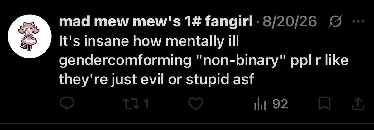 FlannelSmurf's tweet photo. Ok so it gets worse actually-
They blocked me (saw that coming) but they also are internally transphobic (actually this is less shocking that I thought):
As someone under the non-binary umbrella, I don’t owe ANYBODY androgyny. I will present how I please, suck my dick about it 🖕 https://t.co/mZyYfTmZug