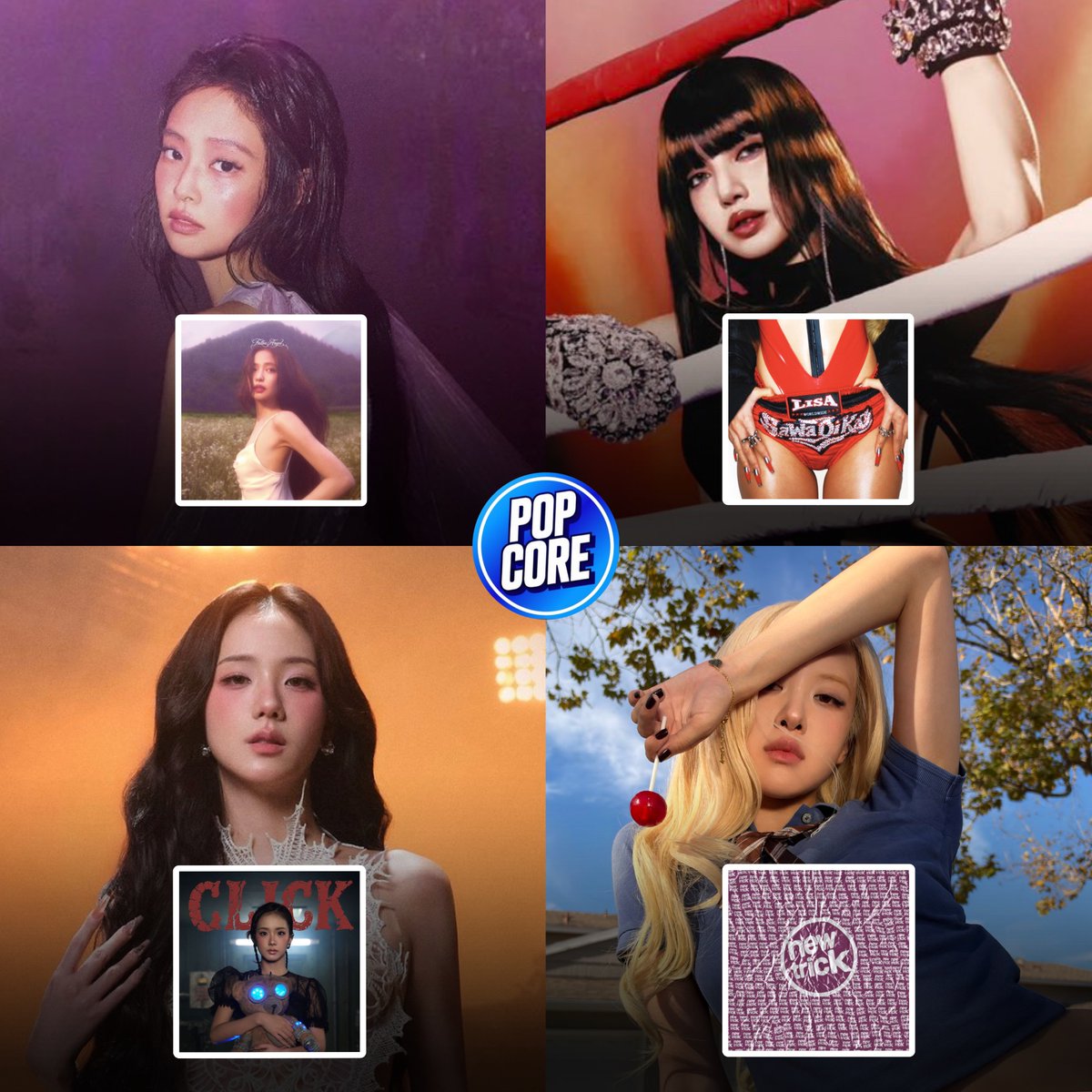 TheePopCore's tweet photo. BLACKPINK members JENNIE, LISA, JISOO, and ROSÉ have all made their solo comebacks in 2026. https://t.co/d19VgpkkGm