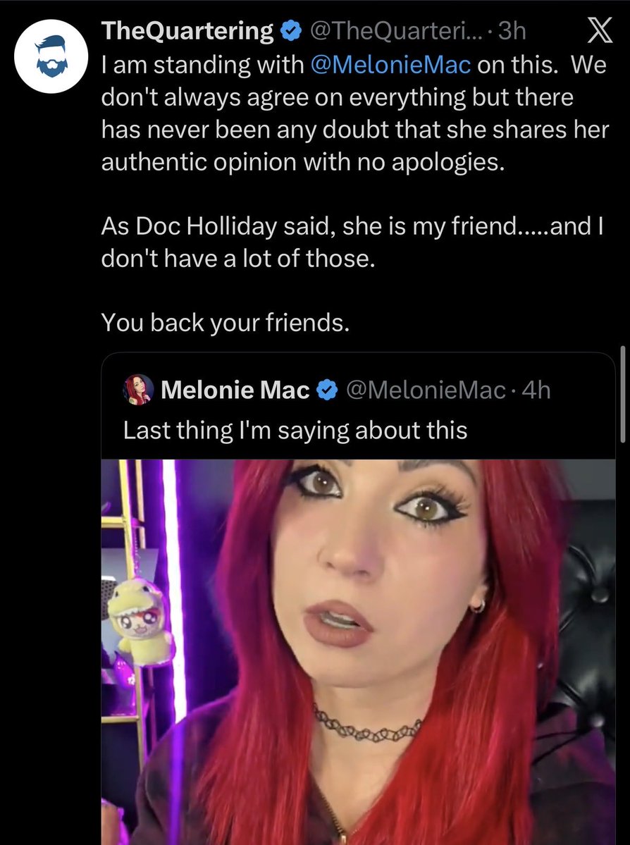 Channel404News's tweet photo. You didn’t just back her, you changed your opinion on a dime to do so. If that’s what being a true friend is, why didn’t she flip and back YOUR opinion instead @TheQuartering??

See how ridiculous that is?

People who are actually friends just disagree and continue to be friends. But since he admitted he connects more with online strangers more than ppl irl, it makes sense he doesn’t understand this..