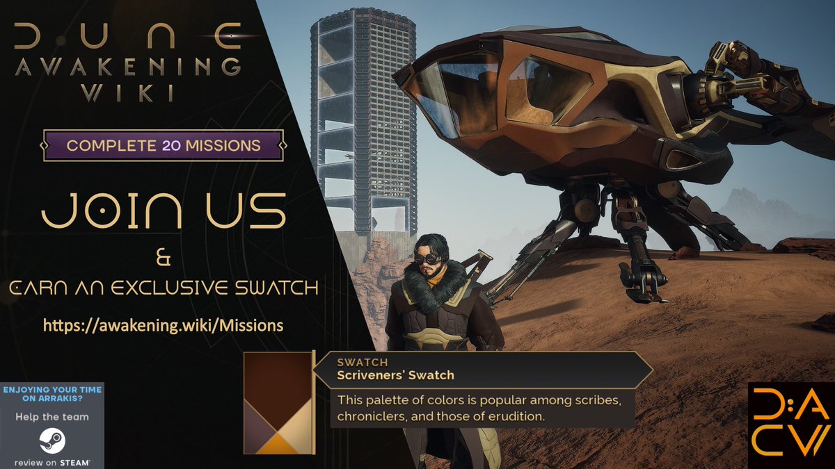 awakening_wiki's tweet photo. To celebrate the release of Update 1.5 and Console Launch, we've unveiled our second in-game Wiki Mission reward!

The "Scriveners' Swatch" is our very own wiki-themed Swatch. Thank you to Funcom for this!

Discord NOT required anymore, join us at https://t.co/LNabG9fp5n https://t.co/2KJNgwKlV3