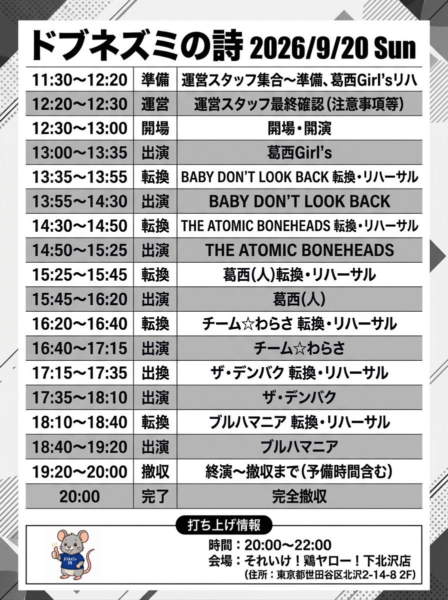 kasaijin2's tweet photo. エースロッカーズさんのご出演辞退に伴いタイムテーブルを変更しました
イベントは公開リハーサルとなっておりますので時間が多少前後する可能性がございます
お目当てのバンドがございましたら時間に余裕を持ってお越しください🙇
打ち上げ迷ってる方は当日参加も可能なので出演者にお伝えください https://t.co/ghQtg9w6RC