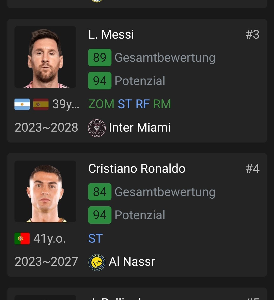 MikeEckhoff2's tweet photo. @SoFIFA But what the hell—why do Messi and Ronaldo have a potential of 94? Were you guys drunk when you created this database? 😂 At their age, they should have a maximum rating of 83 and a potential of 83; you don't improve anymore at that age 😅 Please fix this @SoFIFA https://t.co/nFMbIcEWrh