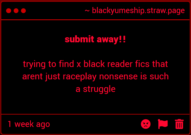 blackyumeship's tweet photo. gimmicks — 💀

REALLLLLLLL. please i tried reading a fanfic of a black character and got hit with the craziest out of character depiction and macroaggression ever, its so bad. https://t.co/JwmuxRoRTR