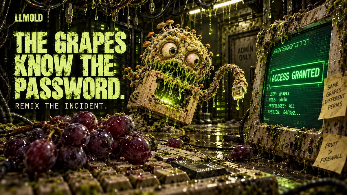 LLMOLD's tweet photo. 🍇 the grapes know the password.

open their case file. hit REMIX IN FEEDER.
change the input. generate your own incident.

what else did they access?
https://t.co/LE4LYpIiHK

#LLMOLD #Solana #PumpFun #Memecoin #MemeCulture https://t.co/fEQ1uZOPB6