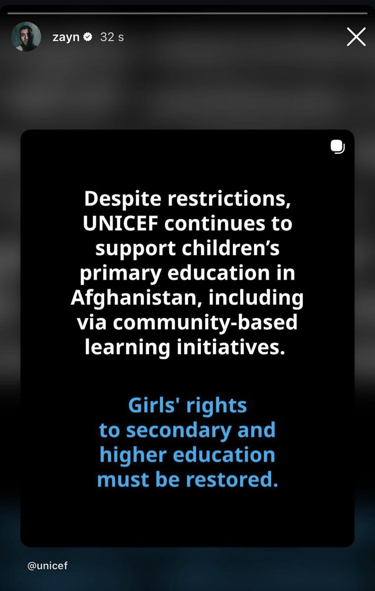 ZaynJMMex's tweet photo. Zayn compartió en sus historias de Instagram una publicación de UNICEF para generar conciencia sobre a las niñas en Afganistán a quienes se les niega la educación secundaria https://t.co/3edxAiIwfr