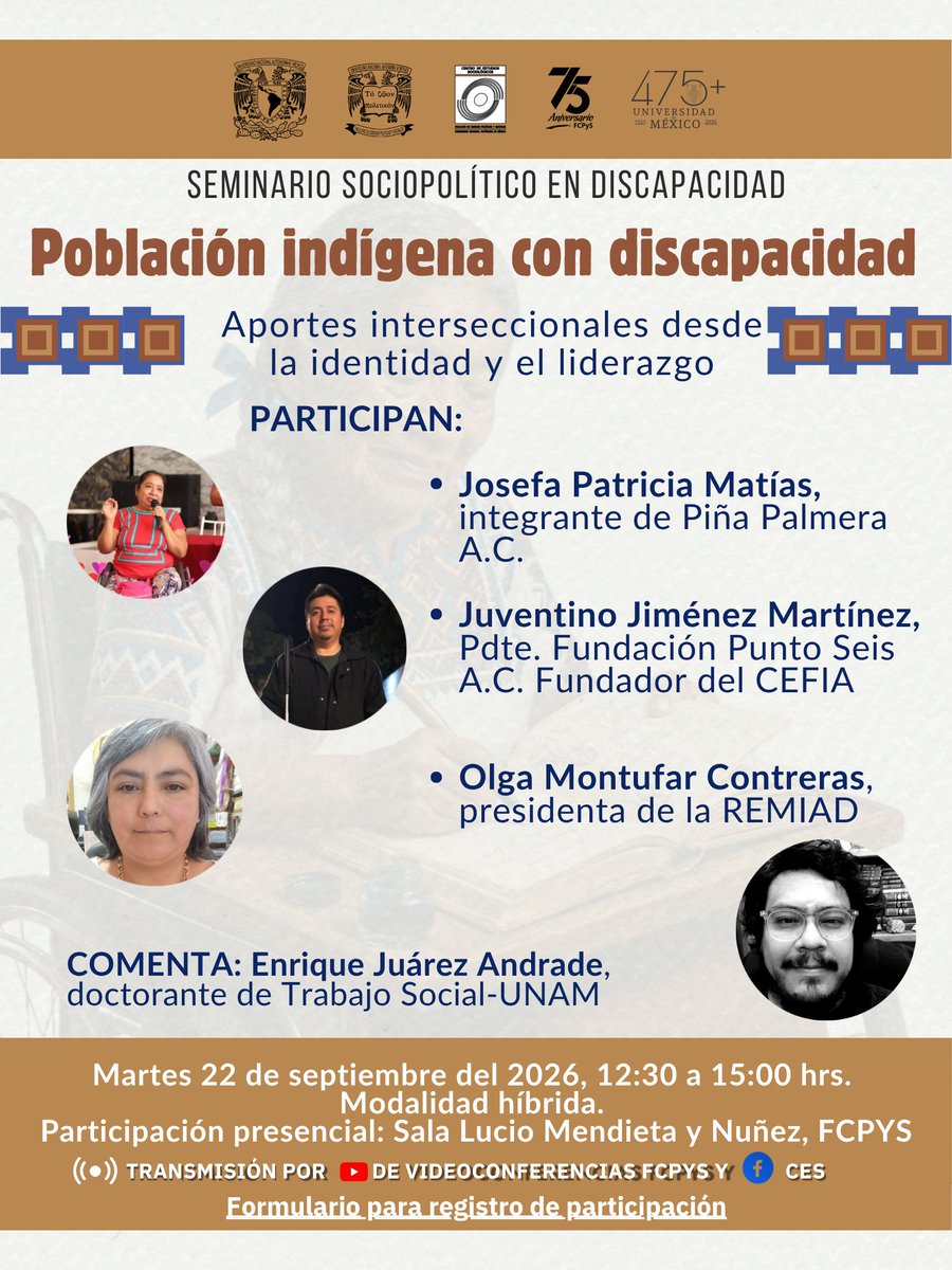 CES_FCPyS's tweet photo. Seminario Sociopolítico en Discapacidad "Población indígena con discapacidad: Aportes interseccionales desde la identidad y el liderazgo"
22 de septiembre | 12:30 hrs. | Híbrido | Lucio Mendieta y Nuñez
Transmisión: YouTube VideoconferenciasFCPyS y FB CES
https://t.co/XmEHJ5Gbry https://t.co/ZTagwEfixt