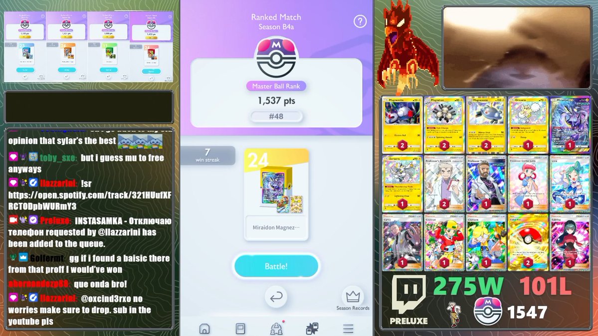 Preluxe_'s tweet photo. B4a Ranked. Global #1 Tournament Player. 

The deck that printed the points today:
Miraidon / Magnezone with Oricorio / Zeraora split

The split makes certain matchups winnable and has even won me some Games against Lucario. We got this list from Sensicloud (one of Americas best Pocket Players) who farmed close to 200 points with it in a short period of time earlier today.
Tomorrow we're back to playing tournaments. You don't want to miss it! 🔥

Feel free to try it out or ask anything and let me know how it goes!
#PokemonTCGPocket #ポケポケ #ポケポケデッキ紹介