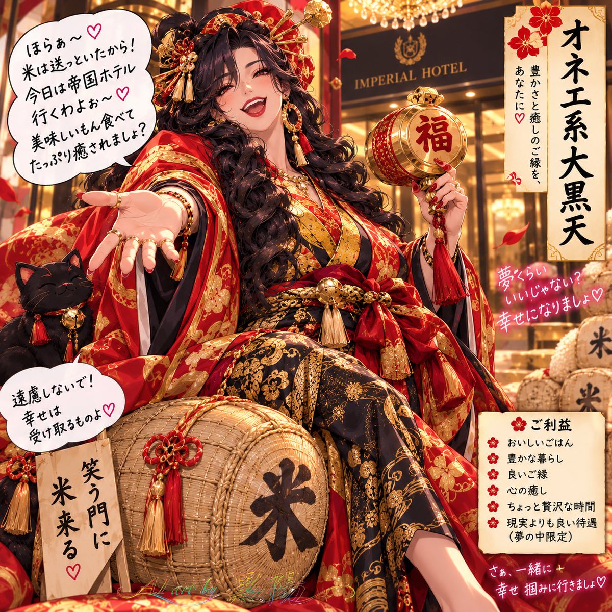 oraclesbreath's tweet photo. おはようございます🌞

米不足が騒がれてる昨今…だからなのか？

夢に現れた、こんな感じのド派手なオネエ系……💧

『米は送っといたから〜♡ 今度ご飯行きましょ♡ 帝国ホテル？ヒルトン？それとも◯◯◯(横文字系)あたりがいいかしら〜♡？』

……起きてから、

「もしかして大黒天さん、現代風で出てきたのか？💡」

と私の直感が言っている。

だから「神さまに失礼や💢」なんて思われても、夢の話なので悪しからず🙏

※尚、イラストにご利益があるかどうかはわかりません⚠️