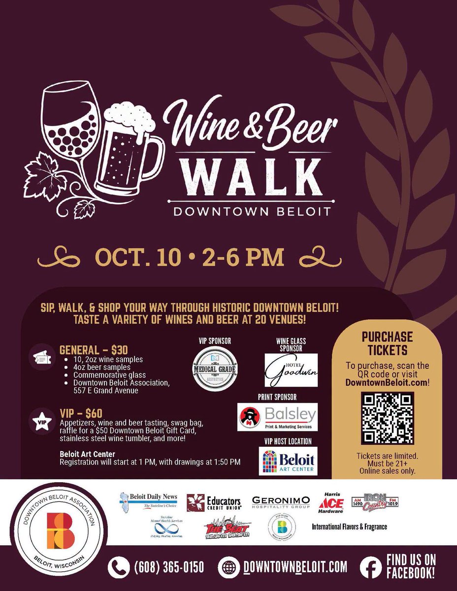 HamptonInnBLT's tweet photo. Sip &amp; stroll at the Downtown Beloit Fall Wine &amp; Beer Walk on Oct 10th (2–6 PM)! 🍷🍺 Grab your tickets early &amp; book your stay with us!

#beloitwi #visitbeloit #downtownbeloit #wineandbeerwalk #fallinbeloit #hamptoninn https://t.co/qOvDp68XqR