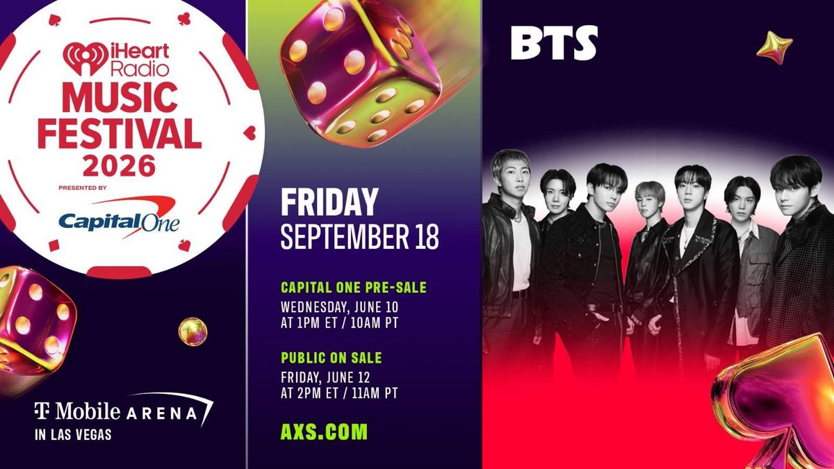 army_mnsweets's tweet photo. [💜BTS] เตรียมพบกับ บีทีเอส ขึ้นแสดงบนเวที iHeartRadio Music Festival 2026 สนับสนุนโดย Capital One

บังทันจะเป็น 1 ในเฮดไลน์อัพเข้าร่วมแสดงในงาน iHeartRadio Music Festival 2026 🎶

📅 วันศุกร์ 18 กันยายน 2026 (*วันเสาร์ 19 กันยายน เวลา 07:00 น. ตามเวลาไทย)

📍 สถานที่ T-Mobile Arena, Las Vegas, Nevada, USA 🇺🇸

🔴 ช่องทางรับชมการถ่ายทอดสดอย่างเป็นทางการทาง Disney+ และ Hulu

#iHeartFestival2026 #iHeartRadioMusicFestival
#BTS #방탄소년단 #BTS_ARIRANG 
#บังทันโซนยอนดัน #บังทัน