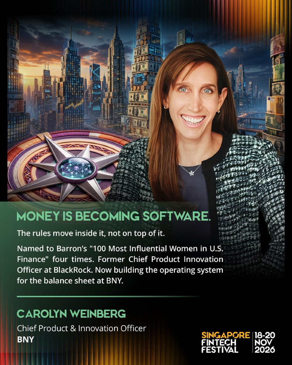 sgfintechfest's tweet photo. Who builds the infrastructure when trillions in assets move on-chain? That's the question Carolyn Weinberg, Chief Product & Innovation Officer at @BNYglobal, has spent her career answering, first scaling @BlackRock's fixed income ETF business, then its push into digital assets, and now product innovation at BNY.

At #SFF2026, she'll unpack what tokenization actually demands of the institutions building it: new custody models, new settlement rails, and products investors haven't seen yet.

👉 Catch her live at #SFF2026. Grab your SGD 1000 Delegate Pass by 30 Sep: https://t.co/MN7oJk6Svj

#SingaporeFinTechFestival #SGFinTechFest
