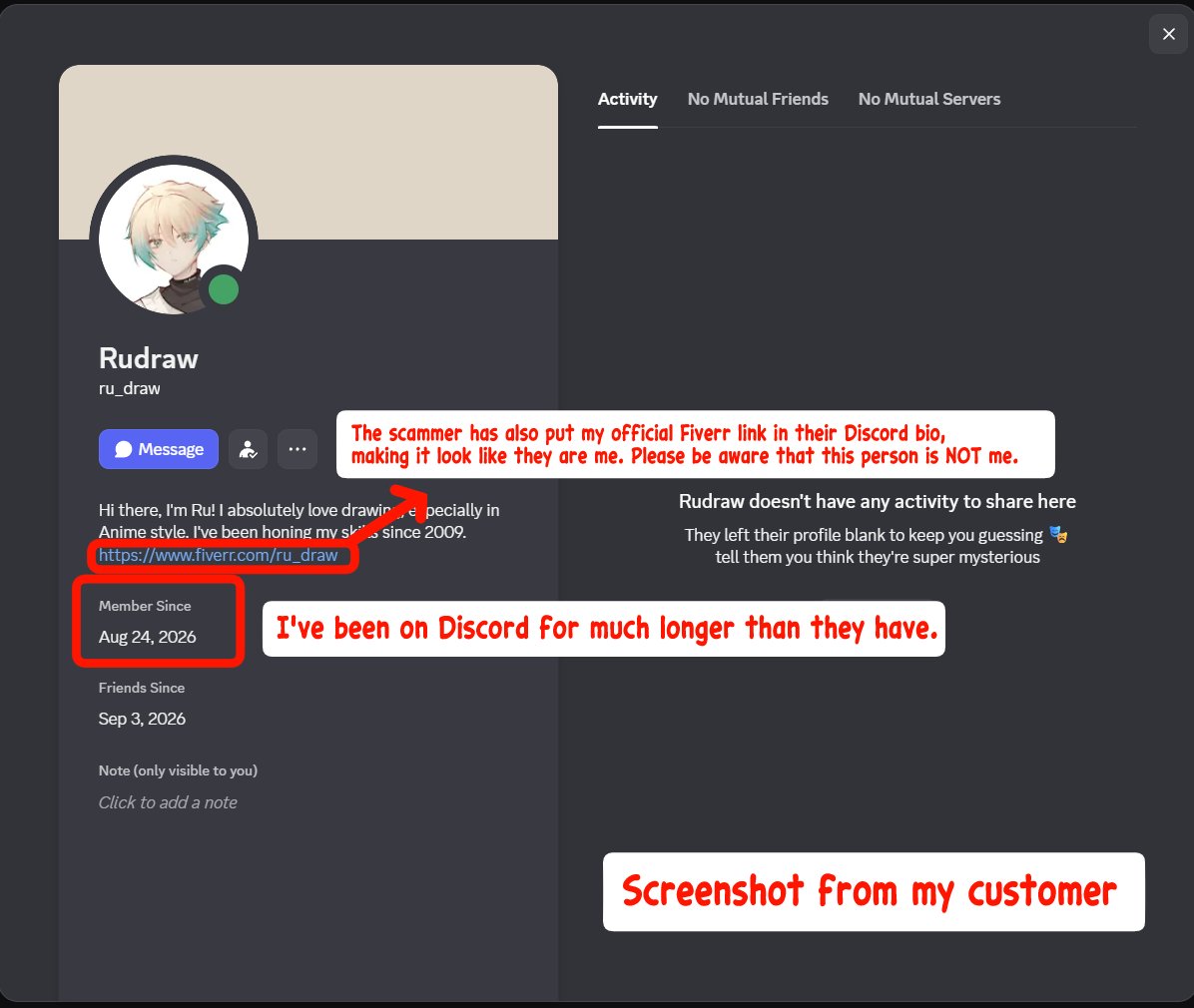 ru_draww's tweet photo. PART 1
⚠️SCAM WARNING — PLEASE READ &amp; SHARE

Someone is currently impersonating me on Discord and offering art commissions while pretending to be me.

Please be careful: I NEVER contact people first through Discord to offer commissions.

#ArtScam #ScamAlert #DiscordScam https://t.co/Hzm3VDKP7U