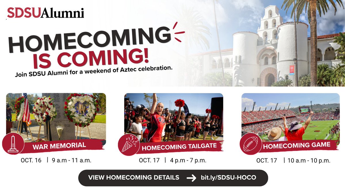 sdsualumni's tweet photo. Aztecs, Homecoming season is here! ❤️🖤 Join us for a weekend of tradition, celebration, and pride.

Oct. 16 | 9–11 a.m. – War Memorial Ceremony
Oct. 17 | 4–7 p.m. – Alumni Homecoming Tailgate
Oct. 17 | 10 a.m.–10 p.m. – Homecoming 2026

Get the details: https://t.co/jaGsuOUmDj https://t.co/J7Zh1T9nBW