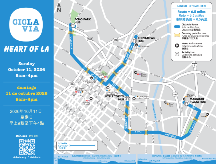 Map showing CicLAvia Heart of LA route covering Echo Park, Chinatown, Little Tokyo, and Mariachi Plaza hubs on October 11, 2026, from 9am to 4pm.