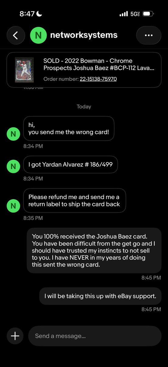 NOTsoFRUGAL67's tweet photo. Beware of this guy on eBay
@CardPurchaser 

No idea how he could have a 100% rating.

My only mistake was posting the wrong back of the card. I sent him video and updated pics. 

Any advice on what to do here? I 100% sent the correct card. https://t.co/dY32iCHOtH
