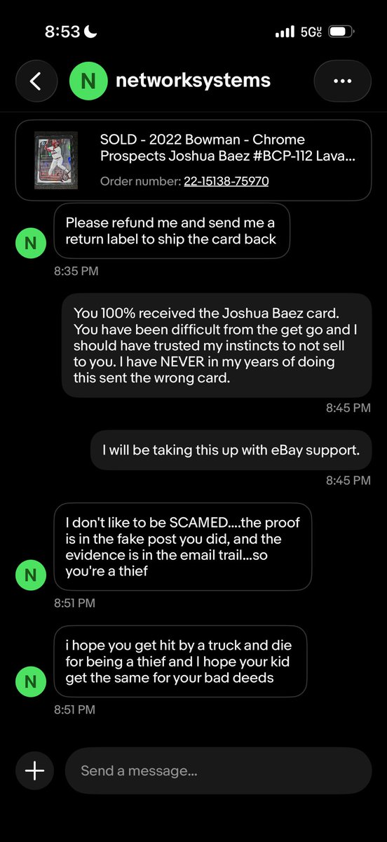 NOTsoFRUGAL67's tweet photo. Beware of this guy on eBay
@CardPurchaser 

No idea how he could have a 100% rating.

My only mistake was posting the wrong back of the card. I sent him video and updated pics. 

Any advice on what to do here? I 100% sent the correct card. https://t.co/dY32iCHOtH