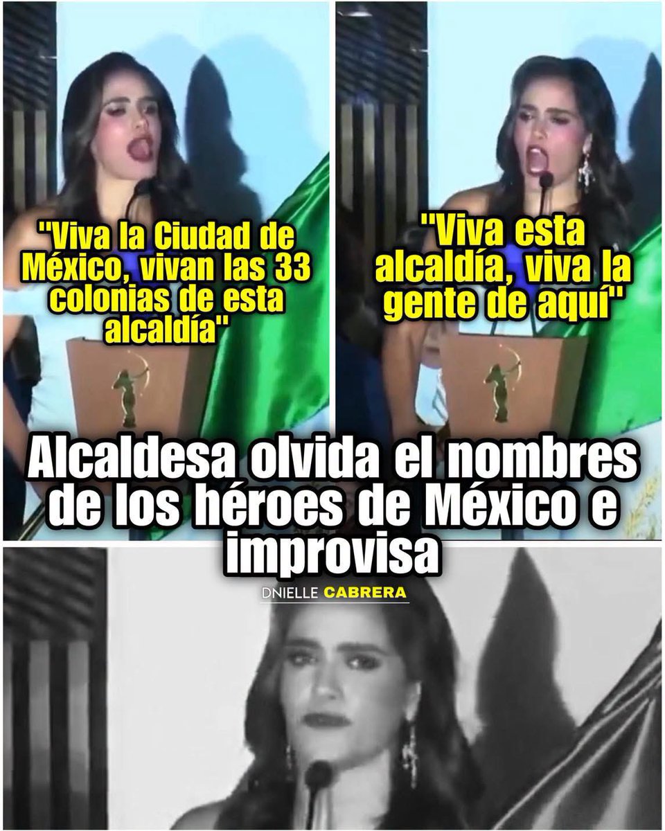 DnielleCabrera's tweet photo. 🚨 ALCALDESA OLVIDA NOMBRES DE LOS HÉROES PATRIOS… Y TERMINA IMPROVISANDO 

La alcaldesa Alessandra Rojo, la misma que se montó una alfombra roja para dar el grito de independencia, olvidó los nombres de los héroes de la patria, no mencionó a ninguno y en su lugar prefirió rendir homenaje a la alcaldía que gobierna 👇

“Viva la Ciudad de México, vivan las 33 colonias de la Cuauhtémoc, viva la Cuauhtémoc que renace, viva la gente de aquí”