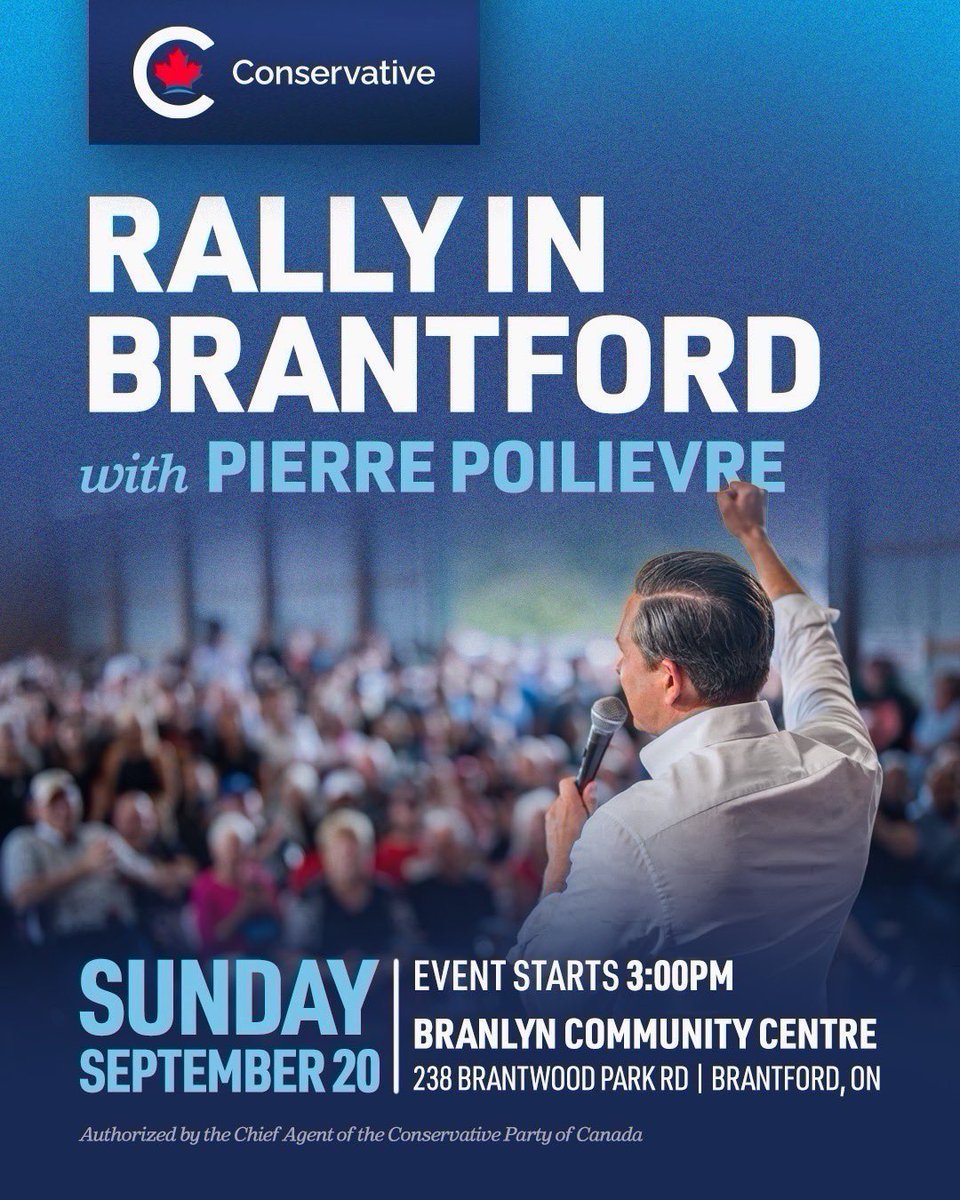 ArpanKhanna's tweet photo. Brantford, we’re coming your way!

Join me, @PierrePoilievre and Conservative MPs this Sunday, September 20 at 3 PM for a rally.

Bring your friends, bring your family, and bring the energy.

Register here: https://t.co/DEqMa5LWpb https://t.co/9SDbN92Qgw