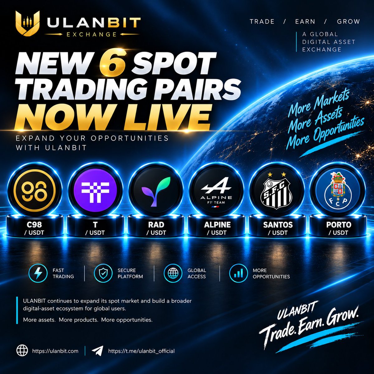 ulanbit's tweet photo. 🚀 6 NEW SPOT TRADING PAIRS ARE NOW LIVE ON ULANBIT

🔶 C98/USDT
🟣 T/USDT
🌱 RAD/USDT
🏎 ALPINE/USDT
⚽️ SANTOS/USDT
🔵 PORTO/USDT

More markets.
More assets.
More opportunities.

ULANBIT continues to expand its spot market and bring more digital assets to global users.

And this is just the beginning. 🚀
We’re continuously building, expanding, and improving ULANBIT to become a stronger global digital asset exchange.
More listings, more features, and more opportunities are coming. 🌍🔥

🌐 https://t.co/UOM8XS8pYG
𝕏 https://t.co/M388UqvgJ8
📢 https://t.co/vFStwaQHSr

ULANBIT — Trade. Earn. Grow.

#ULANBIT #Crypto #Trading #USDT #NewListings #DigitalAssets #CryptoExchange