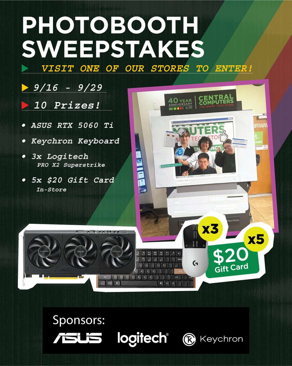 centralcomputer's tweet photo. 🥳 It's our 40th anniversary! And we're giving away an ASUS GeForce RTX 5060 Ti + 9 more amazing prizes.

Snap a pic at our retro 40th anniversary photobooth in any Central Computers store from 9/16 - 9/29, post it with #CentralComputers40 and tag us, then like + repost this and tag 2 friends below.

🏆 Winners announced 10/2
👇 See exact rules below!

🔗 https://t.co/jFcILrXjhk

Thank you to our sponsors for making this happen, and for being great partners over the years:

@Logitech 
@KeychronMK  
@ASUSUSA  

#CentralComputers40 #CentralComputers #pcgaming #giveaway #pcgiveaway