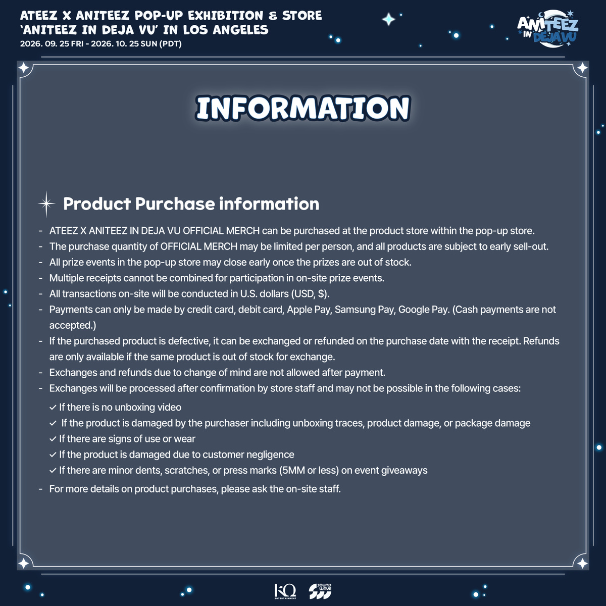 KPOPMERCH_POPUP's tweet photo. [💫] #ATEEZ X #ANITEEZ
POP-UP STORE
🌕 ANITEEZ IN Deja Vu IN LOS ANGELES

POP-UP INFORMATION

🗓️ 2026. 09. 25 (FRI) - 2026. 10. 25 (SUN)
🕥 Open Daily, 11:00 - 20:00 (PDT)
📍 Artist Street, 3F MaDang Courtyard

@ATEEZofficial

#애니티즈 #ANITEEZ_IN_DejaVu https://t.co/eolxUeBYIn