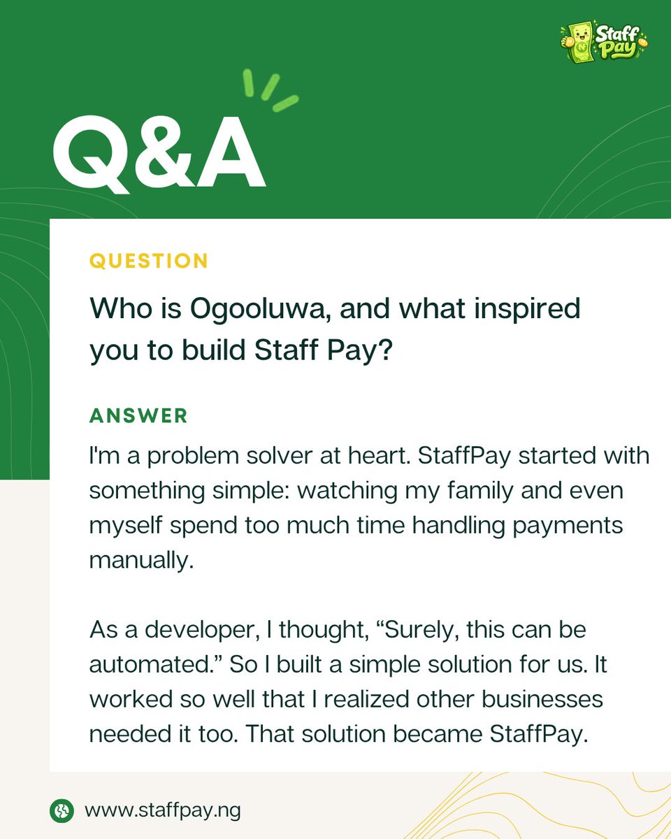Ogooluwanick1's tweet photo. Meet, the mind behind https://t.co/kaKlfgnfZg
Ogooluwa is on a mission to automate payments so you don’t have to lose sleep over payday or recurring payments 🥳🥳🥳🥳

Payroll, People, Portal. All in one.
#MeetTheFounder #StaffPay #FounderStory #Automation https://t.co/0q94Dls4CK