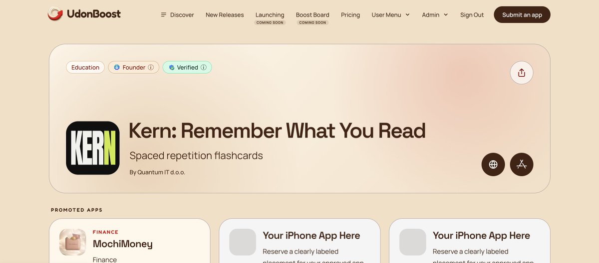 UdonBoost's tweet photo. Kern: Remember What You Read is on #UdonBoost 🎉

You finish a great book, feel changed by it, and a month later, you cannot name three things from it. Kern fixes that.

Got an #iPhone app? Add it to UdonBoost TODAY 👇 https://t.co/ofI9NdOTaq