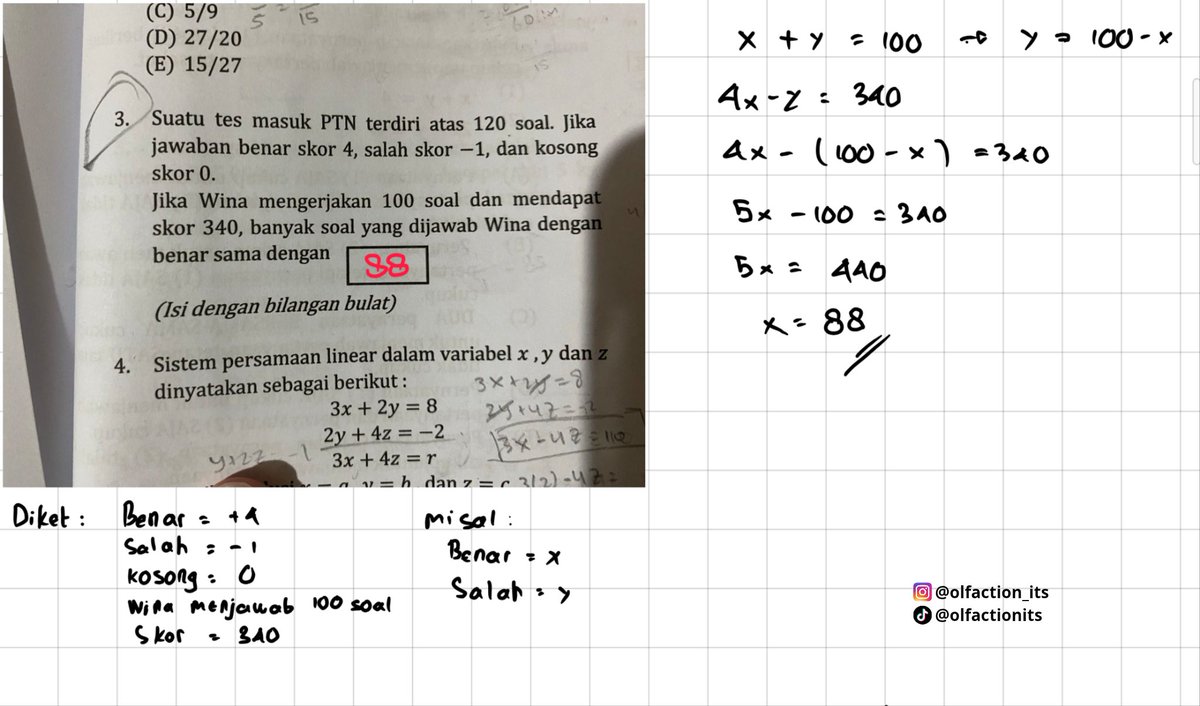 OlfactionITS's tweet photo. @heyits_chavez Soal cerita kayak gini intinya cuma translasi bahasa ke persamaan 👇
Benar = x, salah = y, lalu bentuk dua persamaan dari jumlah soal dan skor total.  
Mau bahas soal lain? Cek pinned post di profilku 📌 https://t.co/CsEmCyGDNd