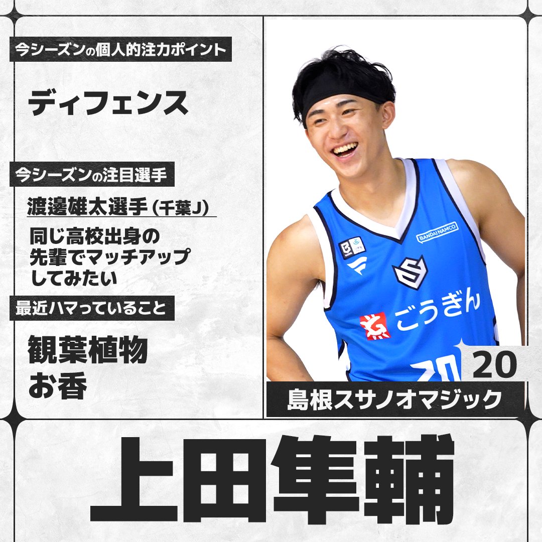 sn_basketball's tweet photo. ／
#Bリーグ 開幕まであと4日🏀
＼
B.PREMIERの選手にアンケートを実施。各選手の回答をお届けします！

#島根スサノオマジック #上田隼輔（@susanoo_m）

全選手の回答はこちら👇
https://t.co/3rHnaeBttK https://t.co/1PQZVkP7HU