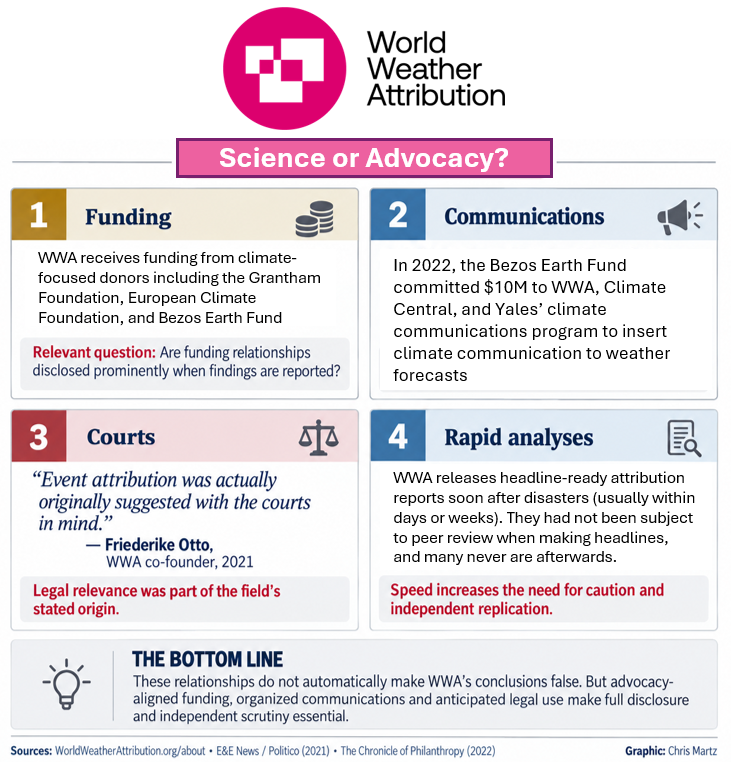 ChrisMartzWX's tweet photo. BWHAHAHAHAHA! 🤣

There is nothing remotely “scientific” about this new “analysis” or anything else World Weather Attribution (WWA) cooks up.

The WWA's sole purpose is to pay academics with no moral compass to “find” evidence that man-made climate change caused or significantly contributed to individual extreme weather or weather-related events, in this case, the recent avalanche-induced flooding in Nepal. That “evidence” is then intended to be used in court to prop frivolous lawsuits against coal, oil, and natural gas companies.

Co-founder Friederike Otto admitted this much in an interview with Politico in April 2021, stating,

🗨️ “𝑈𝑛𝑙𝑖𝑘𝑒 𝑒𝑣𝑒𝑟𝑦 𝑜𝑡ℎ𝑒𝑟 𝑏𝑟𝑎𝑛𝑐ℎ 𝑜𝑓 𝑐𝑙𝑖𝑚𝑎𝑡𝑒 𝑠𝑐𝑖𝑒𝑛𝑐𝑒 𝑜𝑟 𝑠𝑐𝑖𝑒𝑛𝑐𝑒 𝑖𝑛 𝑔𝑒𝑛𝑒𝑟𝑎𝑙, 𝑒𝑣𝑒𝑛𝑡 𝑎𝑡𝑡𝑟𝑖𝑏𝑢𝑡𝑖𝑜𝑛 𝑤𝑎𝑠 𝑎𝑐𝑡𝑢𝑎𝑙𝑙𝑦 𝑜𝑟𝑖𝑔𝑖𝑛𝑎𝑙𝑙𝑦 𝑠𝑢𝑔𝑔𝑒𝑠𝑡𝑒𝑑 𝑤𝑖𝑡ℎ 𝑡ℎ𝑒 𝑐𝑜𝑢𝑟𝑡𝑠 𝑖𝑛 𝑚𝑖𝑛𝑑.”

🔗https://t.co/ETUBune0A8

Is that not a conflict of interest (COI)?

What's more, the WWA receives significant funding from left-wing environmental groups including the Grantham Foundation, European Climate Foundation, and the Bezos Earth Fund. This information is readily available on their website.

🔗https://t.co/quJxib0xlo

In 2022 the Bezos Earth Fund put $10 million toward the WWA, Climate Central, and the Yale Program on climate change communication to “scale effective communication on the links between climate change and extreme weather” and to push a Climate Shift Index into local forecasts.

🔗https://t.co/67nyoknY0x

Is that not also a serious COI?

Like the majority of WWA “flash studies,” this one on the recent disaster in Nepal has made headlines, but it has not been published in a scientific journal, much less subject to “peer review.”

I find that part particularly interesting because while I couldn't care less about that academic gatekeeping process personally, every climate panic merchant that I encounter online demands that climate skeptics and lukewarmers (or as they so lovingly label us, “climate deniers”) submit their findings to academic journals like Geophysical Research Letters (GRL) and Nature Communications to undergo peer review. This is because in their warped minds, no ideas can be valid unless they are agreed upon by other academics in a circle jerk session.

Finally, the WWA comes up with their conclusions by using counterfactuals. They take the event that just happened (e.g., the flooding in Nepal) and then ask a climate model two questions: 

1⃣ How often does this event occur in a simulated present-day climate?

2⃣ How often would it occur in a simulated world with no human greenhouse gas (GHG) emissions? 

They then divide those two probabilities and get “X times more likely,” which is then inserted into these hyperbolic headlines.

But because WWA rarely uses observations before the 1940s or 1950s (and because observations outside of the United States are fairly limited before then), the counterfactual world without GHG emissions that the WWA models is hypothetical. The model has to invent pre-industrial weather conditions, and the outcome is entirely contingent on the assumptions the authors of these papers make about parameterizations.

Therefore, it can be safely assumed that the findings of WWA's new “flash study” on Nepal's flooding are bunk. At the very least, they are questionable due to the organization's COIs and motives. The WWA is not an independent scientific organization, and anything that they publish ought to be taken with a grain of salt until further analyses are conducted. But disgraceful news outlets like CNN and the Associated Press don't care because they are paid to promote activism.

Rigorous scientific studies take months or even years to fully conduct, and nothing the WWA does has any semblance to that.