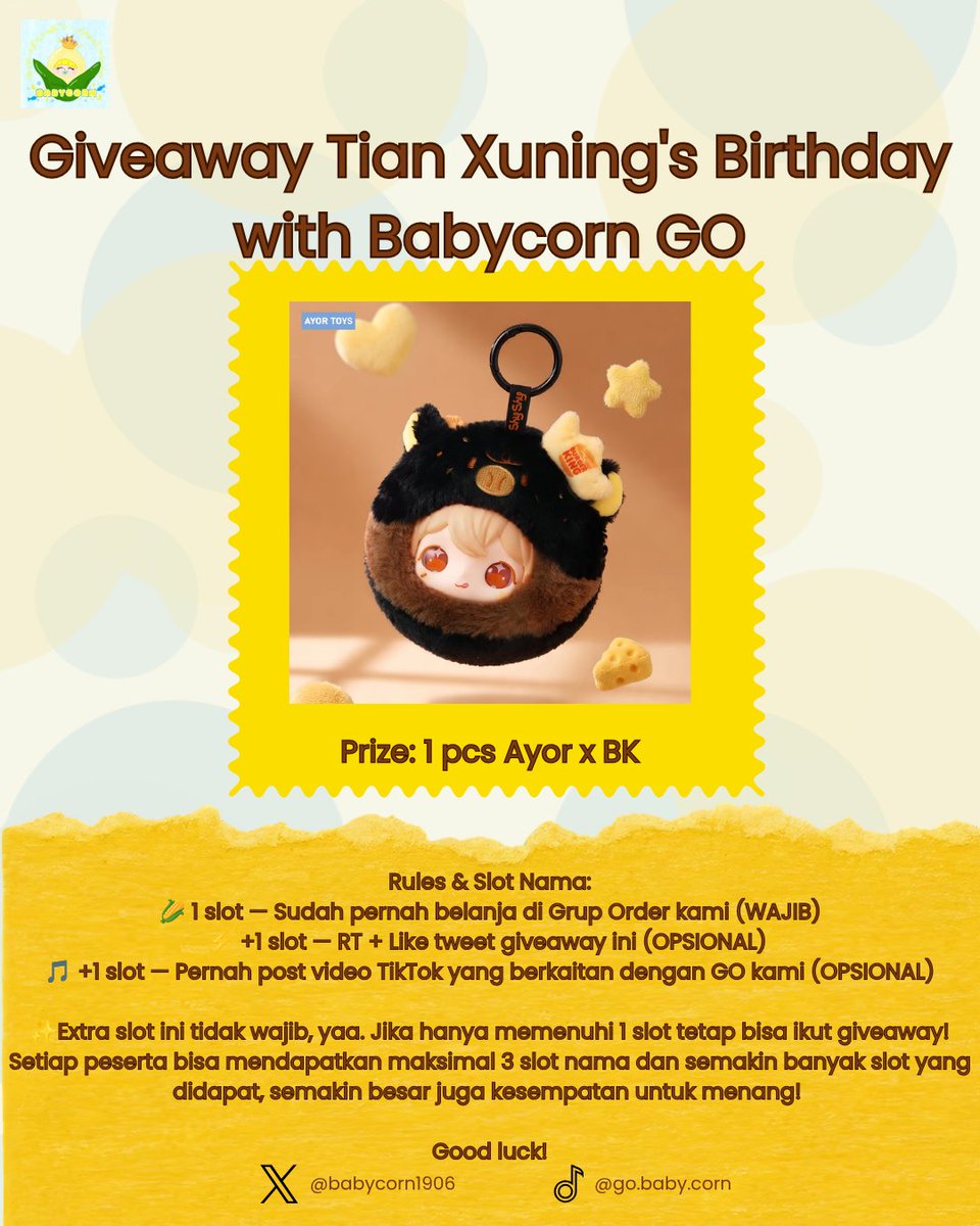 babycorn1906's tweet photo. 🌽Giveaway Tian Xuning 29th Birthday with Babycorn GO⚡

Rules: Tertera di gambar, kirimkan proof ke admin Sin💌

Tidak wajib: reply wish kalian di bawah ini dan sertakan foto Tian Xuning terbaik kalian🩷

‼️Close tanggal 25 September 2026 pukul 23.59!‼️

#TianXuning #Leipeng99 https://t.co/THErOXm52f