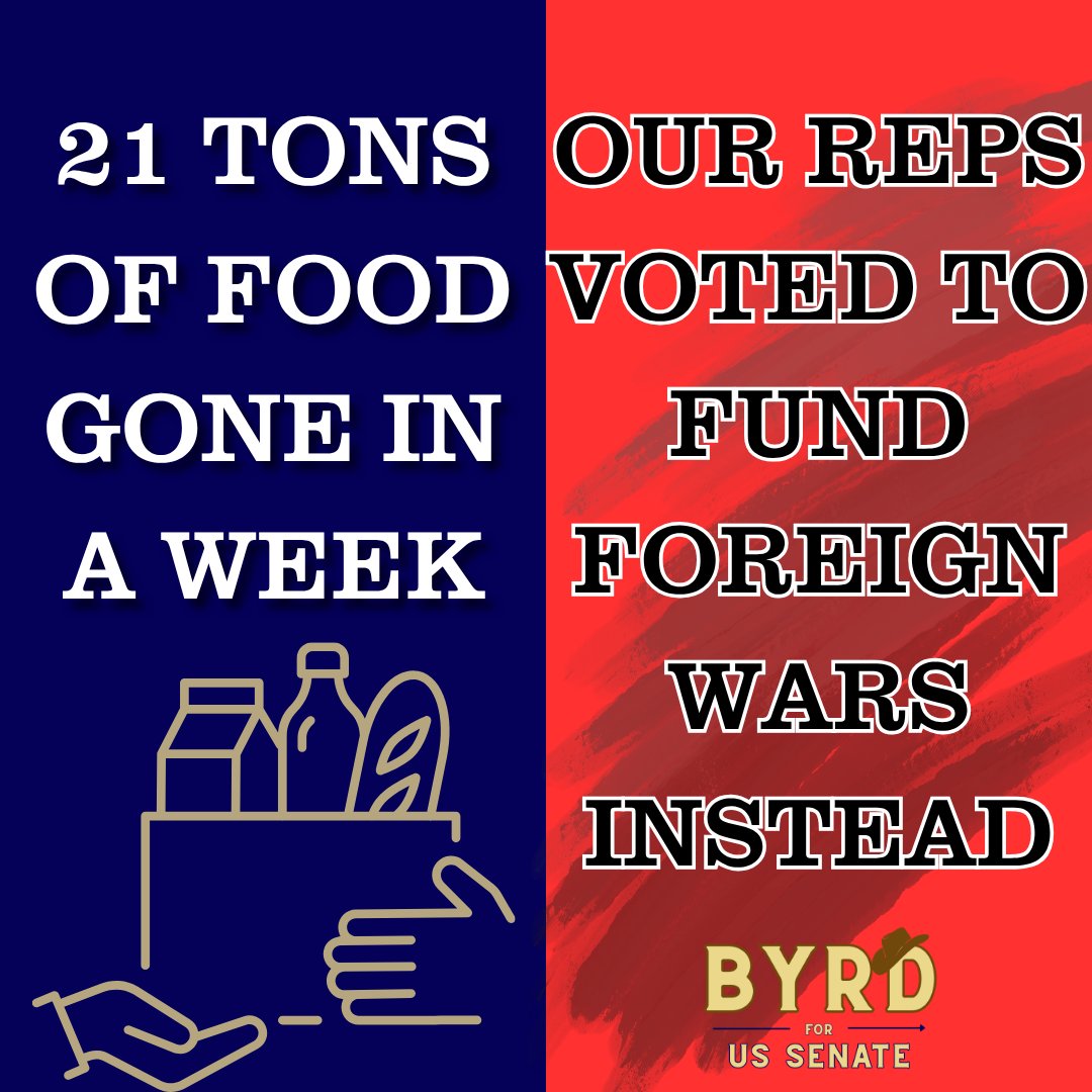 ByrdforSenate's tweet photo. I just released a statement after 21 tons of emergency food arrived in Cheyenne this week. It will be gone within days.

Working families, seniors, and veterans are showing up to our pantries like never before, while D.C. keeps funding foreign wars instead. https://t.co/f82HizWX4S