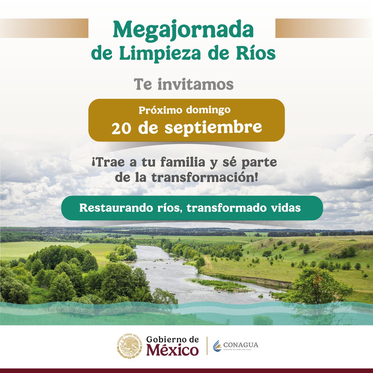 conagua_mx's tweet photo. ¡Sumemos manos y voluntades por nuestros ríos! 🤲🏽

Participa en la Megajornada de Limpieza de Ríos.
Cuidar el agua es responsabilidad de todas y todos.

Restaurando ríos, transformando vidas 🌿💧 https://t.co/KjKpDvrGVp